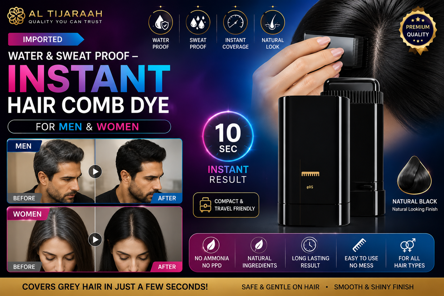 Imported Water & Sweat Proof – Instant Hair Comb Dye